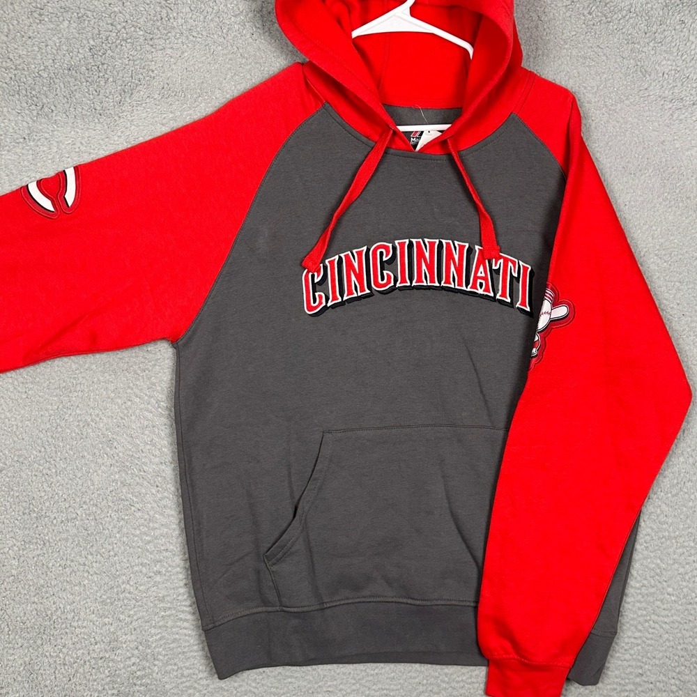 NEW Cincinnati Reds Majestic Hoodie Mens Large Grey Red MLB Colorblok Pullover